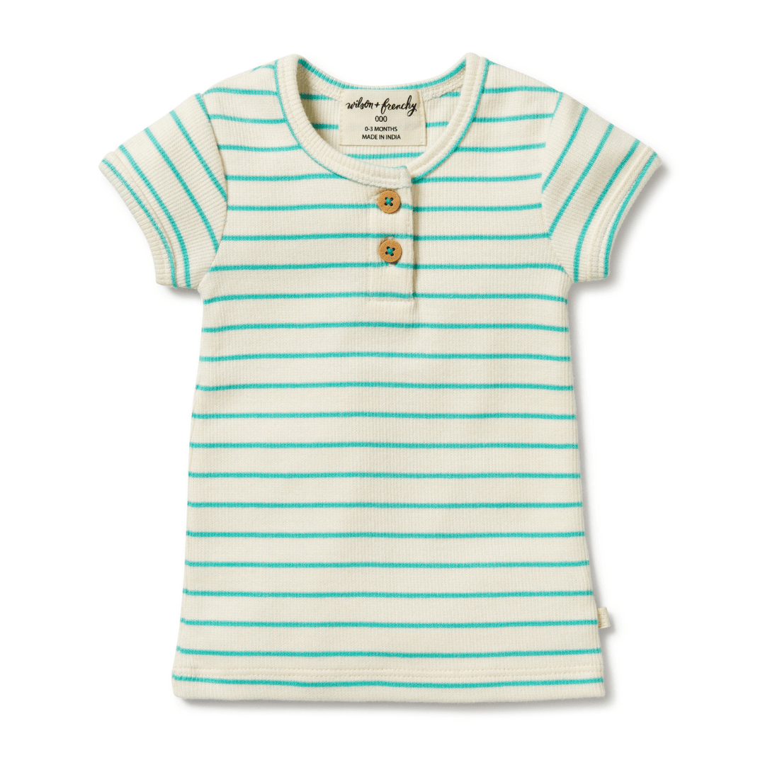 A baby's Wilson & Frenchy Organic Rib Stripe Henley Tee with buttons.