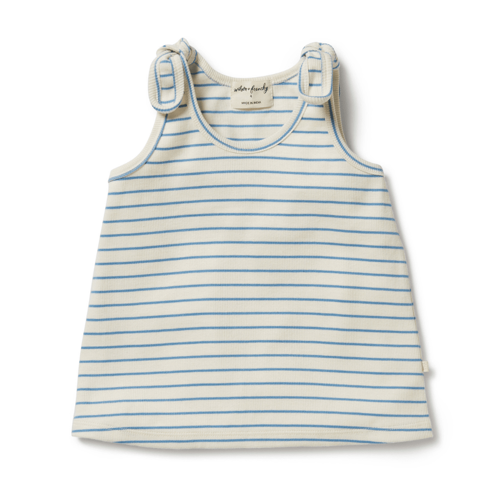 Wilson & Frenchy presents a baby's blue and white striped dress made from GOTS-certified organic cotton. Complete the outfit with the Wilson & Frenchy Organic Rib Stripe Tie Kids Singlet and the Summer Stripe W.