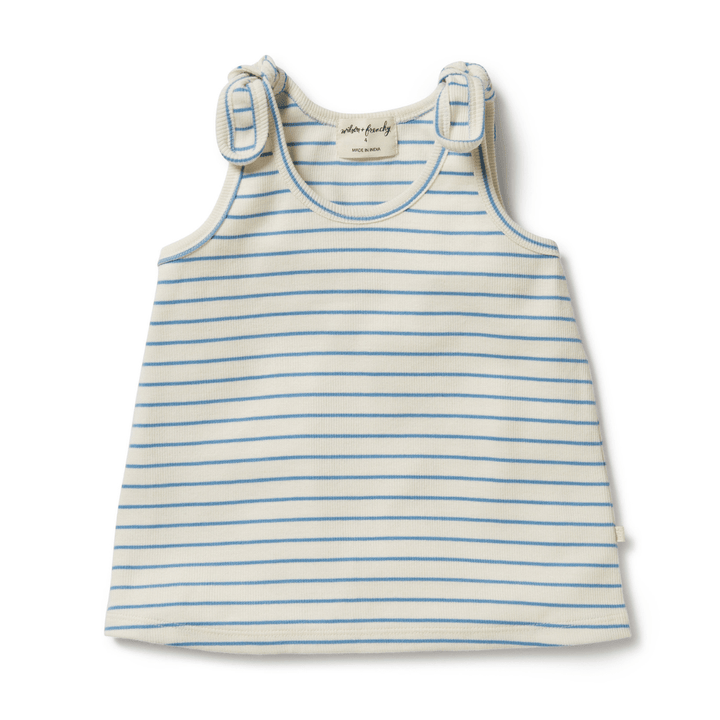 Wilson & Frenchy presents a baby's blue and white striped dress made from GOTS-certified organic cotton. Complete the outfit with the Wilson & Frenchy Organic Rib Stripe Tie Kids Singlet and the Summer Stripe W.