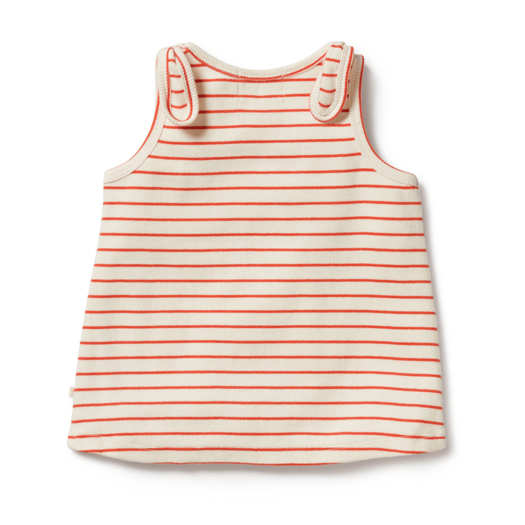 Wilson & Frenchy presents a GOTS-certified organic cotton baby's striped top with orange and white stripes. Complete the outfit with the Wilson & Frenchy Organic Rib Stripe Tie Kids Singlet (Multiple Variants).