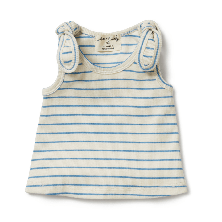 This Wilson & Frenchy Organic Rib Stripe Tie Singlet (Multiple Variants) is made from GOTS-certified organic cotton, featuring a classic blue and white striped design.