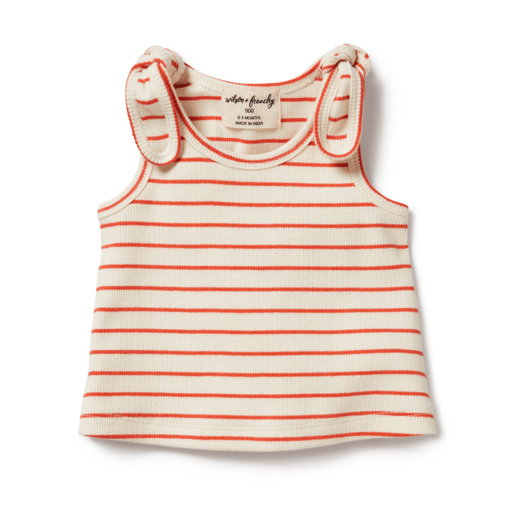 A Wilson & Frenchy baby's Organic Rib Stripe Tie Singlet with orange stripes, made from GOTS-certified organic cotton.