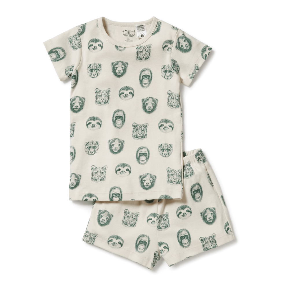 An Wilson & Frenchy Organic Short Sleeve Pyjamas - LUCKY LAST - SHINE ON ME - 1 YEAR ONLY baby sleepwear set with a bear print, packaged in a reusable bag.