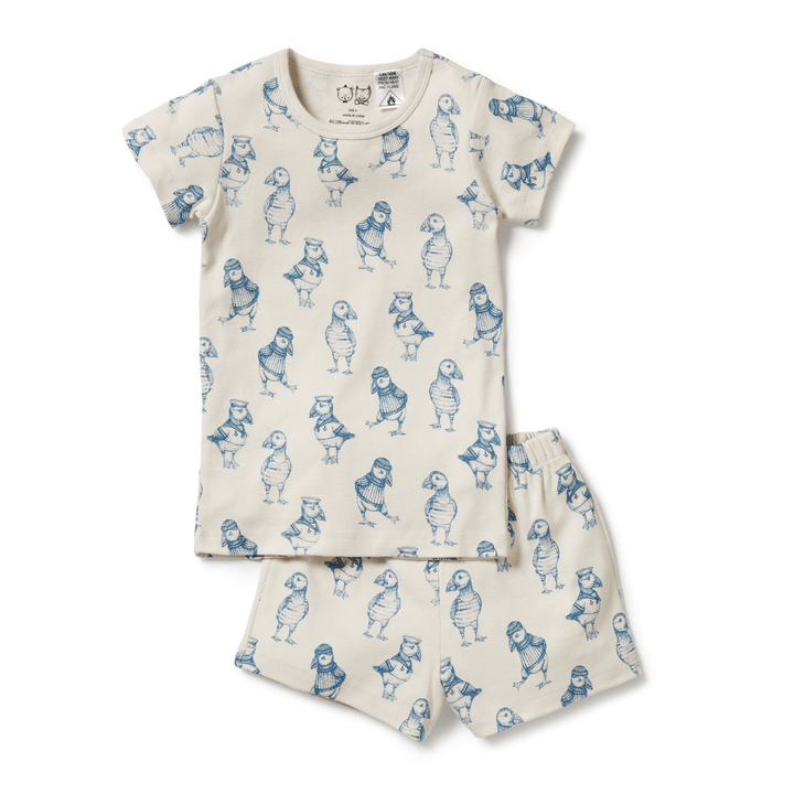 A Wilson & Frenchy Organic Short Sleeve Pyjamas - LUCKY LAST - SHINE ON ME - 1 YEAR ONLY sleepwear set with a blue and white print.
