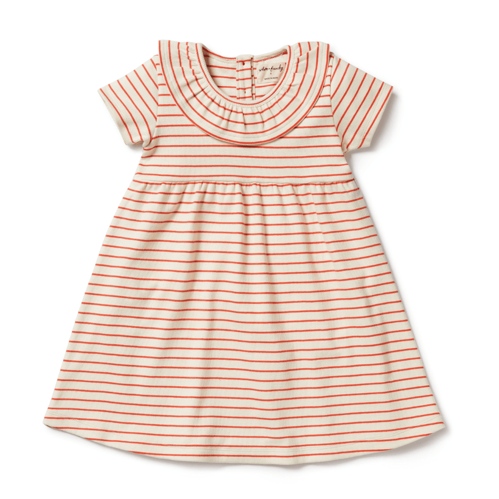 Wilson & Frenchy's Wilson & Frenchy Organic Stripe Rib Kids Ruffle Dress, crafted from organic cotton and featuring orange and white stripes.