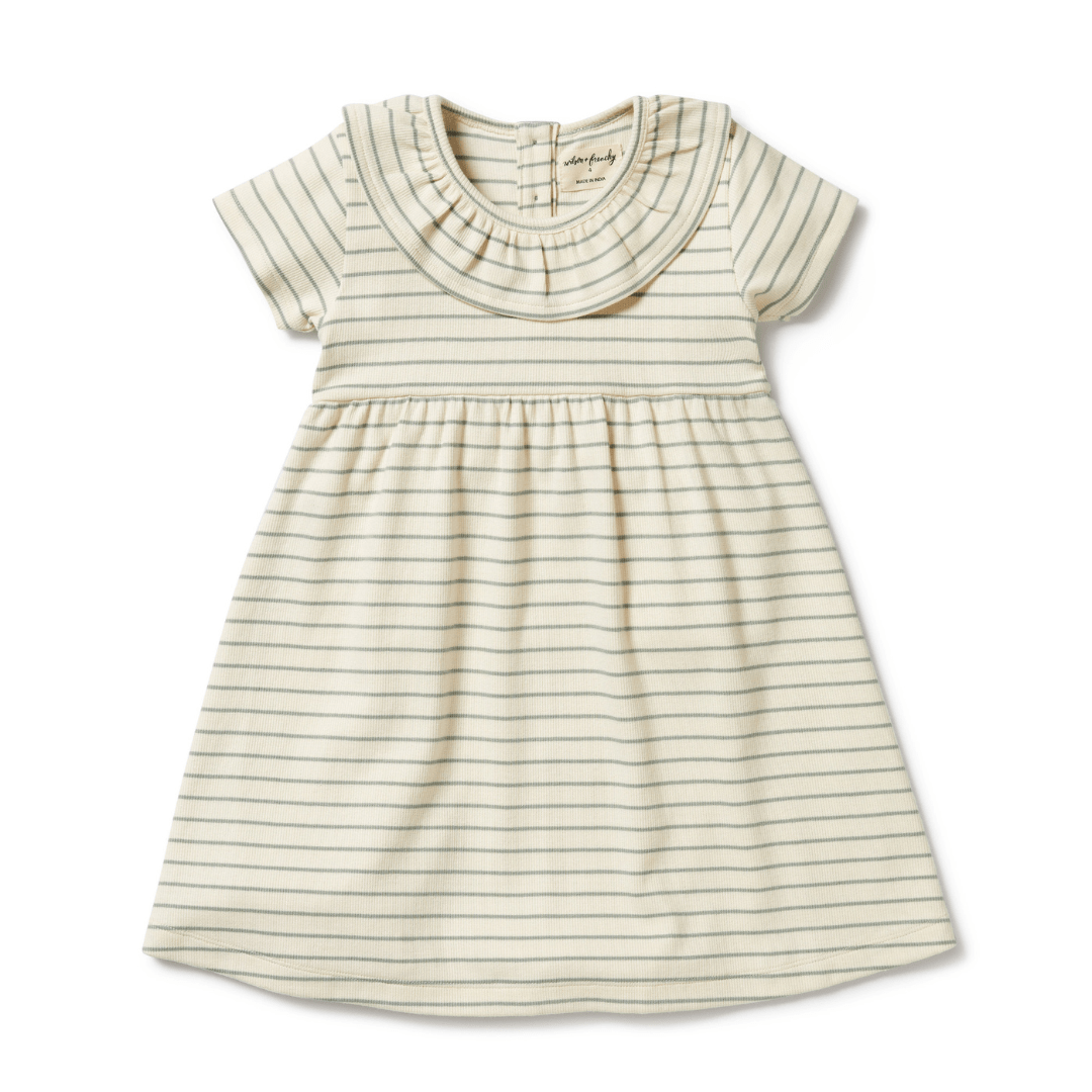 Wilson & Frenchy Organic Stripe Rib Kids Ruffle Dress in beige and white stripes for a baby girl.