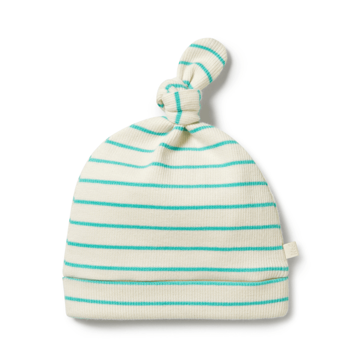 An Wilson & Frenchy Organic Stripe Rib Knot Hat (Multiple Variants) with a white and turquoise striped hat on a white background.