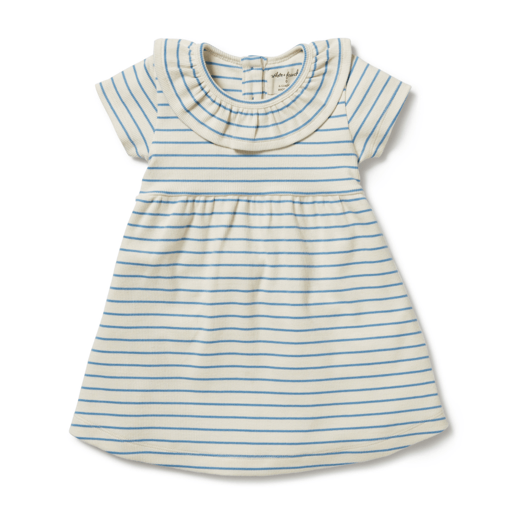 A Wilson & Frenchy Organic Stripe Rib Ruffle Dress (Multiple Variants) for a baby girl in blue and white stripes.