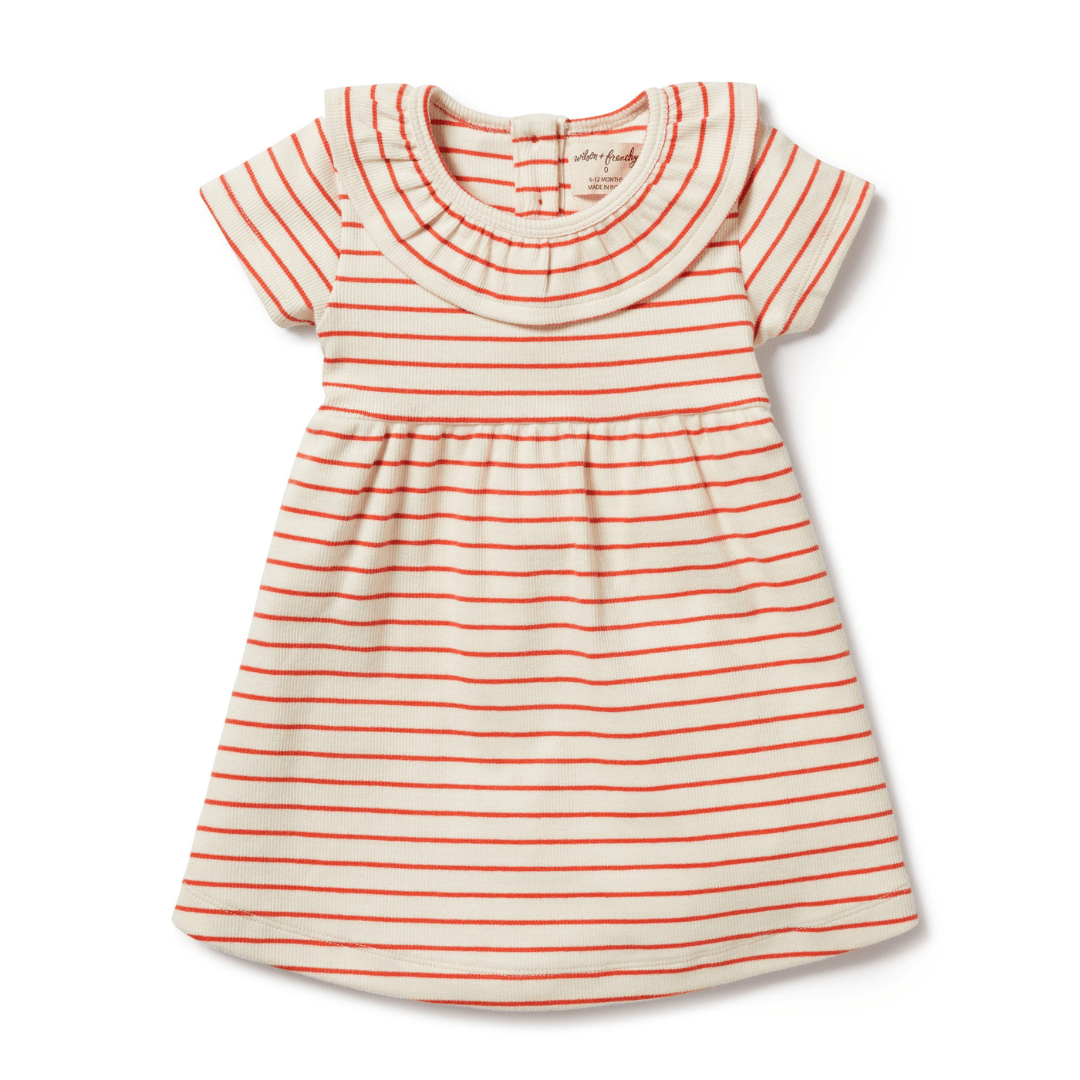 A Wilson & Frenchy Organic Stripe Rib Ruffle Dress (Multiple Variants) with orange and white stripes