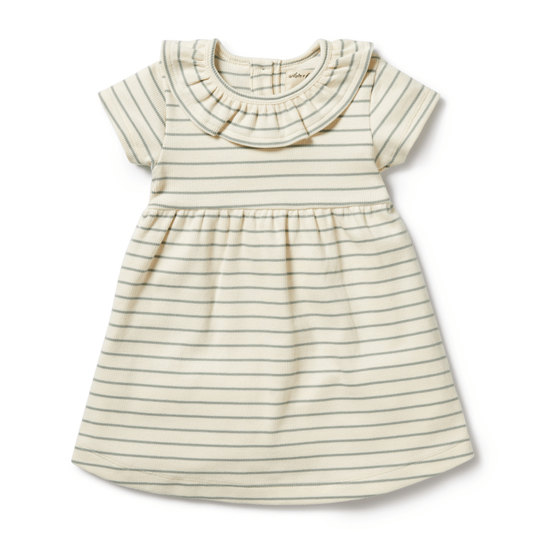 A Wilson & Frenchy Organic Stripe Rib Ruffle Dress (Multiple Variants) for a baby girl.