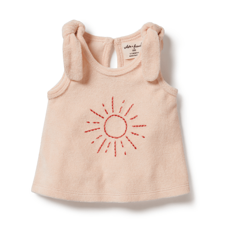 An Wilson & Frenchy Organic Terry Tie Singlet, featuring a sun embroidery, perfect for baby girls.