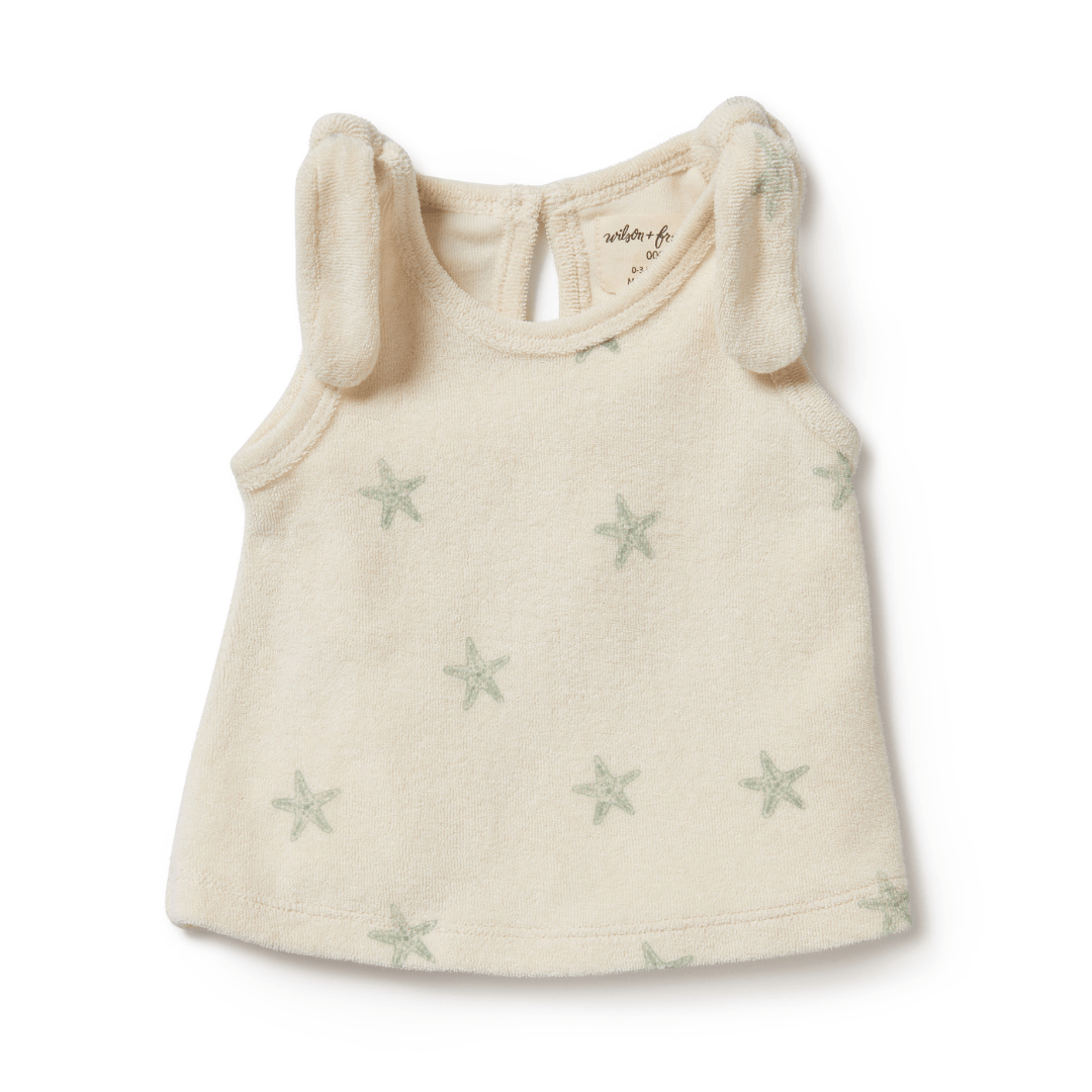 Wilson & Frenchy Organic Terry Tie Singlet with stars, made from GOTS-certified organic fabric.