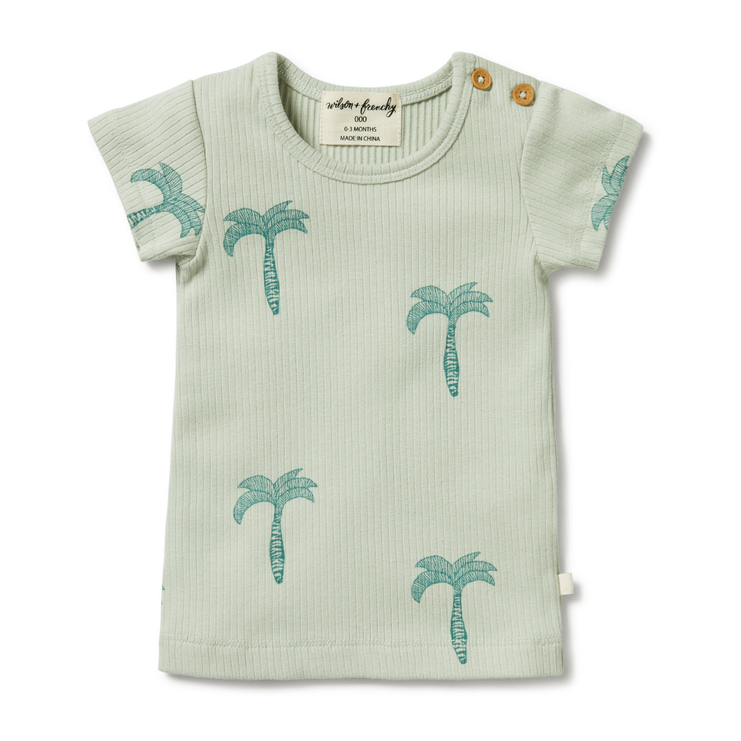 A Wilson & Frenchy Palm Tree Organic Rib Tee with palm trees on it, made from organic cotton.