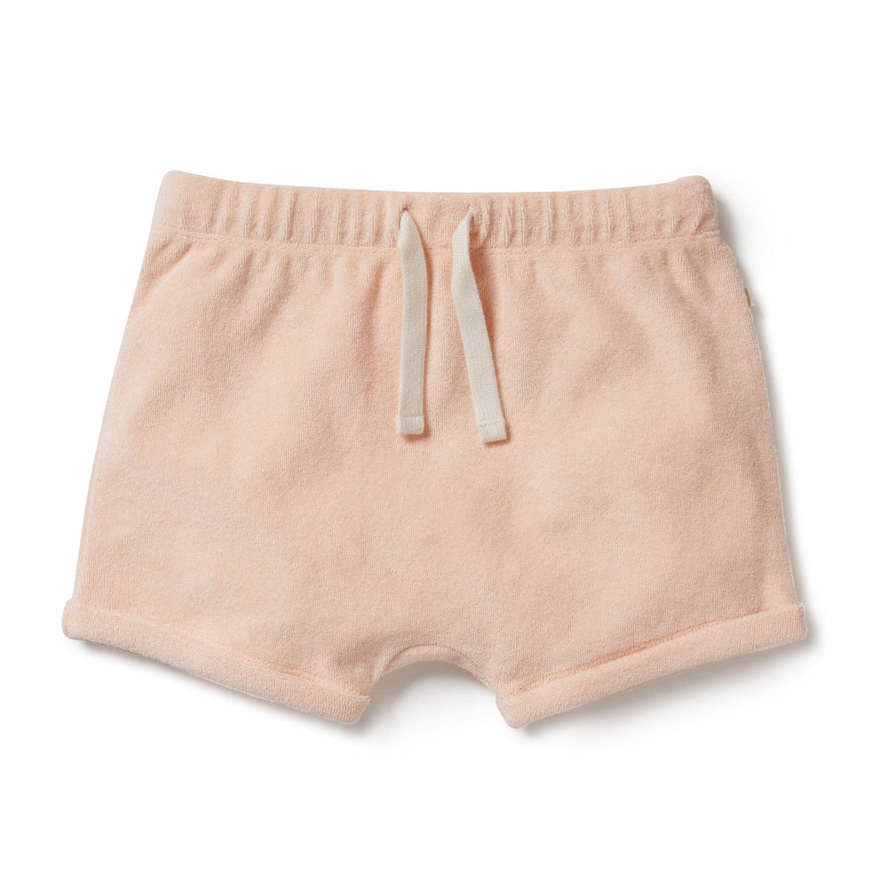Wilson & Frenchy Organic Terry Cuffed Kids Shorts (Multiple Variants) for a baby with an elastic waistband.
