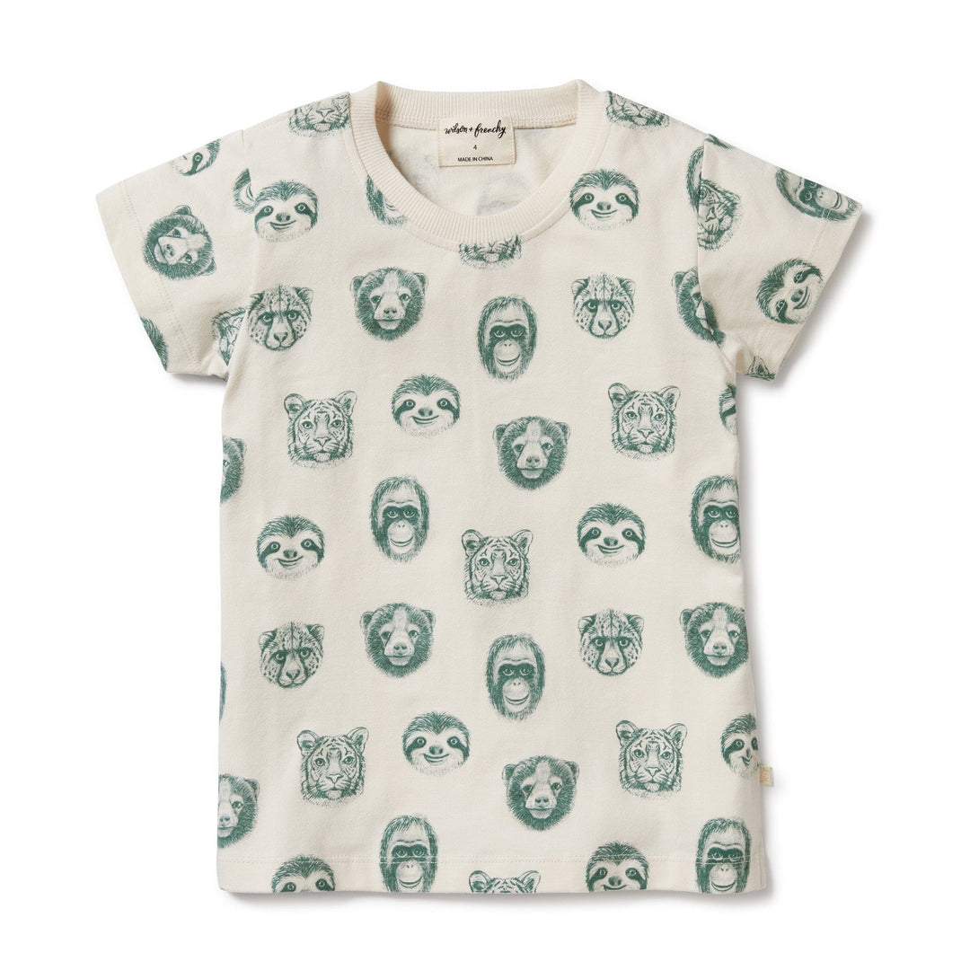 A sustainable Wilson & Frenchy white t-shirt with an all-over green bear face print.