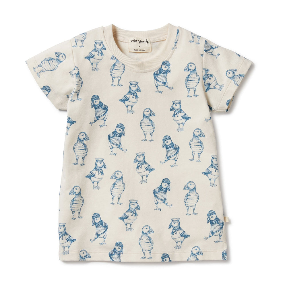 Child's sustainable fashion Wilson & Frenchy Organic Kids Tee with blue bird print design.