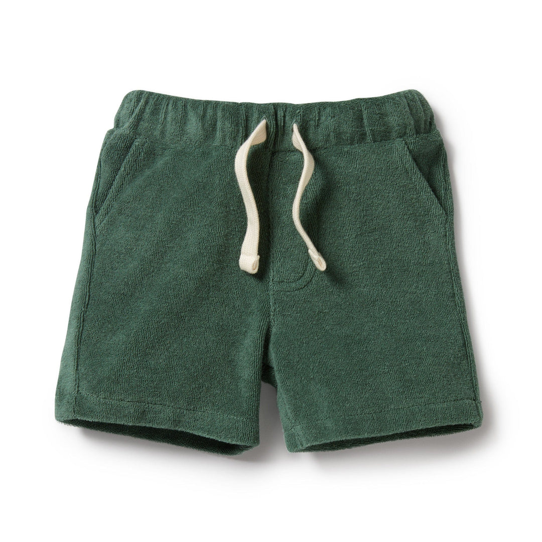 A baby boy's Wilson & Frenchy Organic Terry Shorts, perfect for summer, featuring white drawstrings.