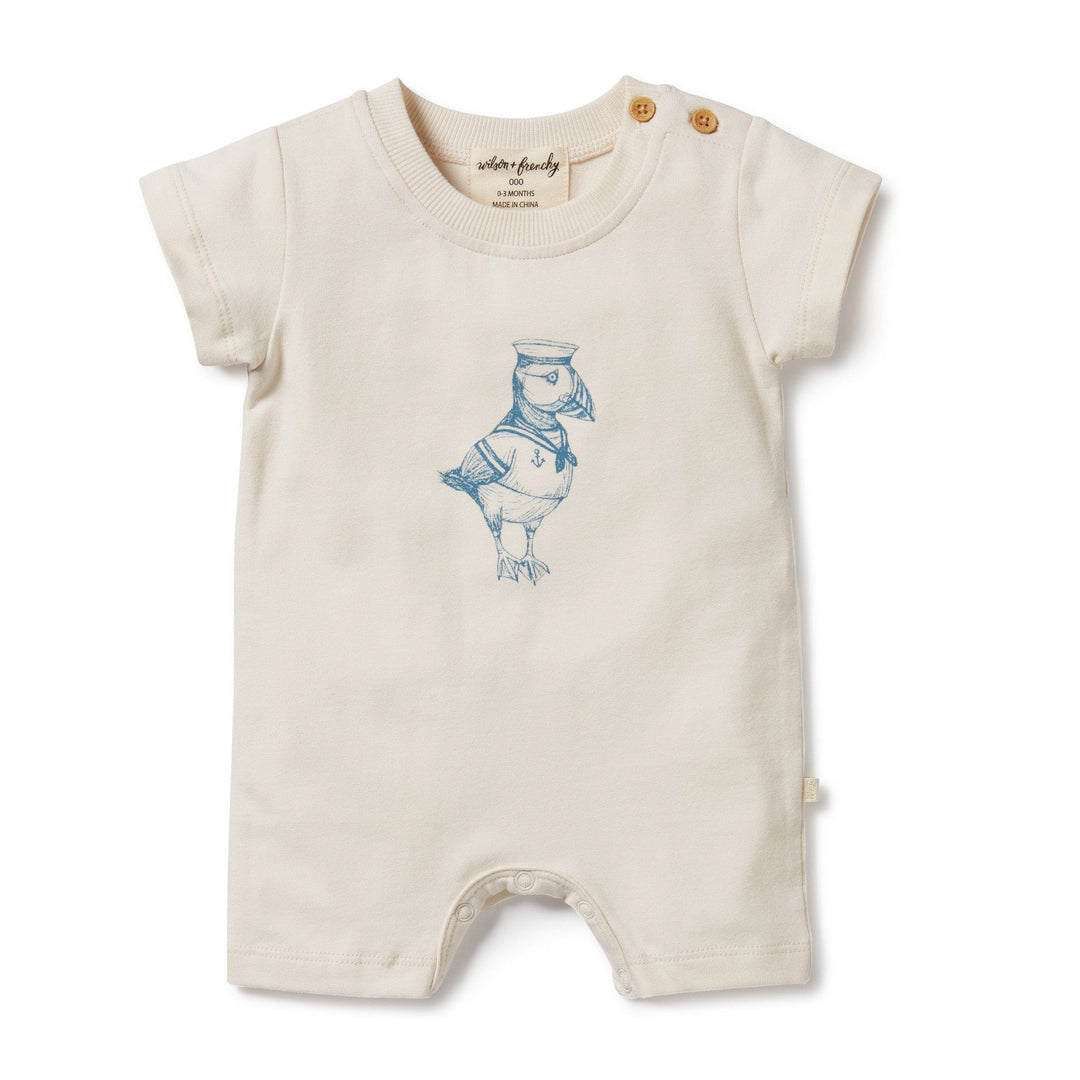 An organic baby romper with a blue bird on it.
Product Name: Wilson & Frenchy Petit Puffin Organic Boyleg Growsuit - LUCKY LAST - 3-6 MONTHS ONLY
Brand Name: Wilson & Frenchy