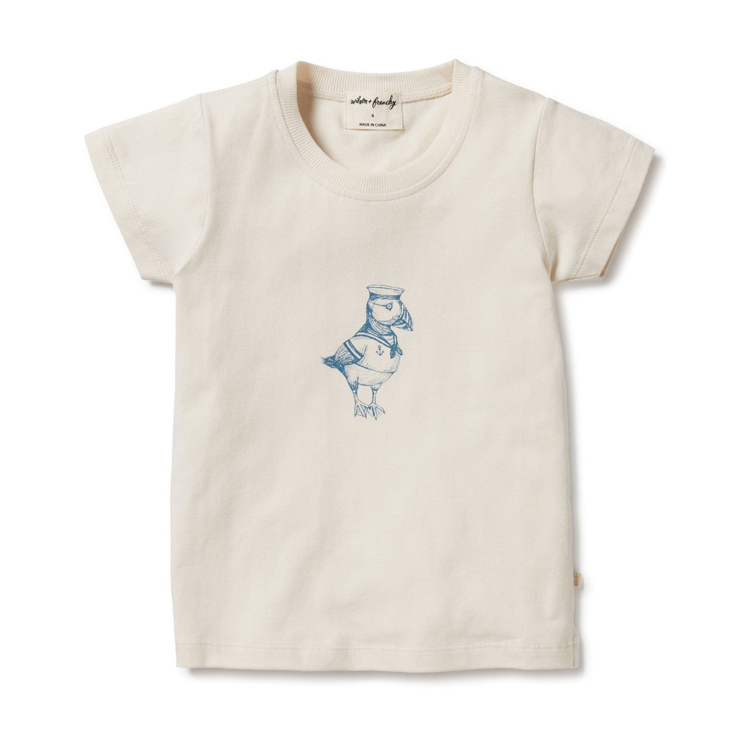 Wilson & Frenchy Puffin Organic Kids Tee with a blue bird print on the front.