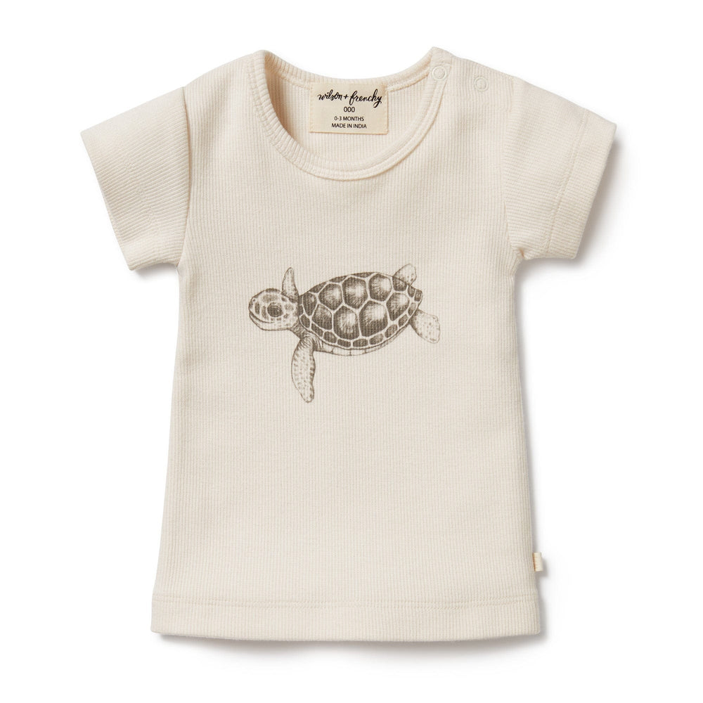 A Wilson & Frenchy Rib Organic Tee (Multiple Variants) with a drawing of a sea turtle.