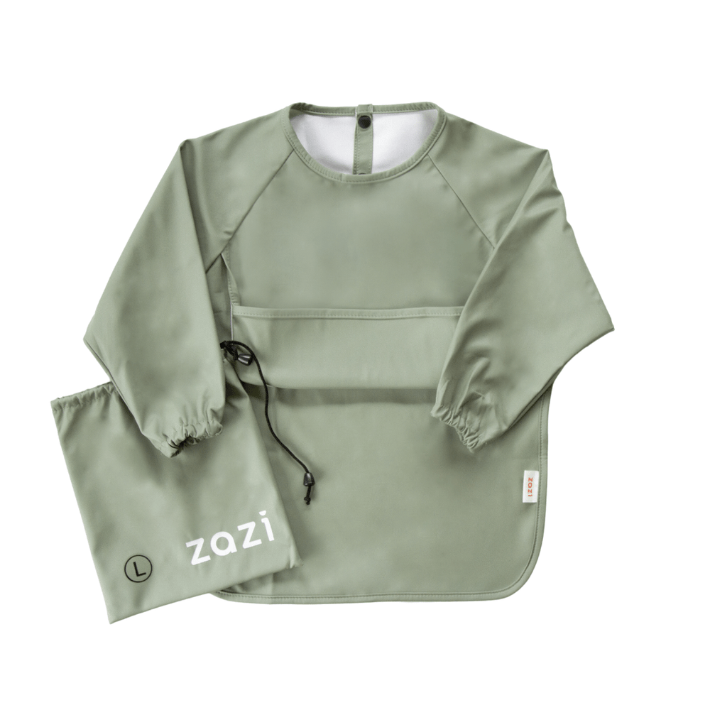 A green Zazi apron with the word Zazi on it, made with recycled materials and machine-washable.