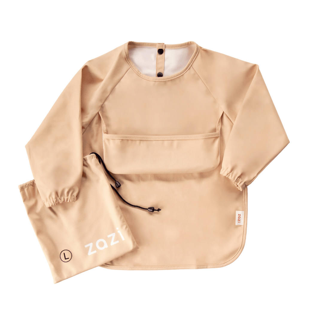 A waterproof beige Zazi apron with the word zoo on it, called the Zazi Recycled Full-Sleeved Bib (Multiple Variants).