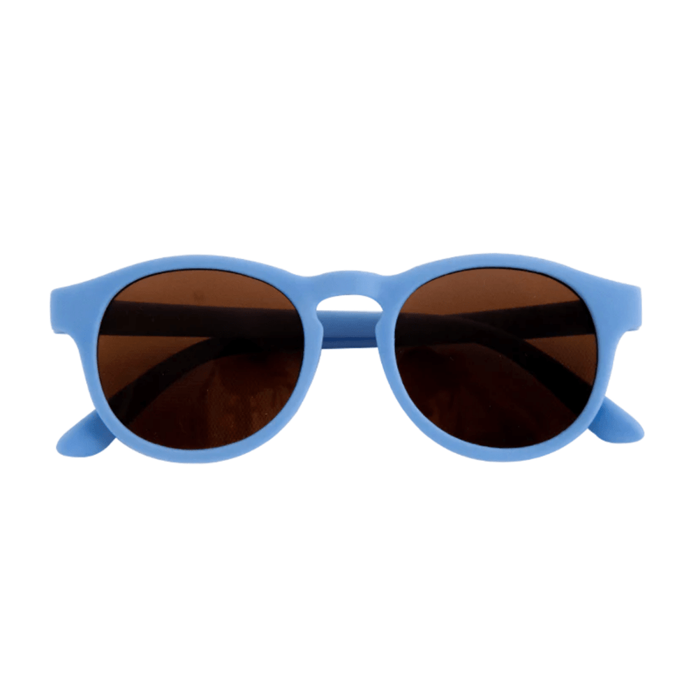 Zazi Shades Baby & Toddler Sunglasses, a pair of blue sunglasses on a white background, offering UV400 protection for maximum eye safety and polarized clarity.