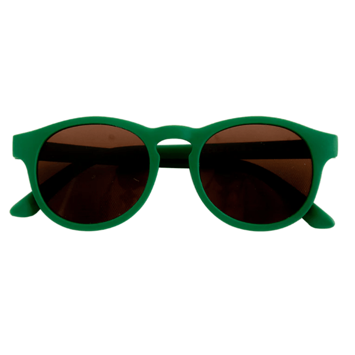 A pair of green Zazi Shades Baby & Toddler Sunglasses on a white background, offering UV400 protection and polarized clarity.