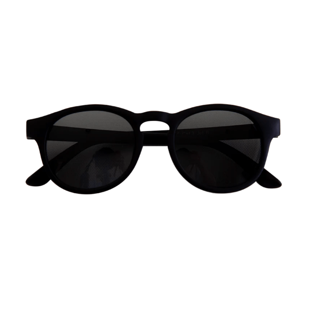 Zazi Shades Baby & Toddler Sunglasses, a pair of black sunglasses with TAC lenses and UV400 protection, showcased on a clean white background.