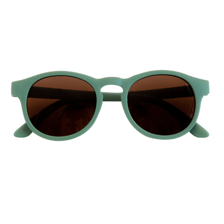 A pair of green Zazi Shades Baby & Toddler Sunglasses with brown lenses, offering UV400 protection, displayed on a white background.