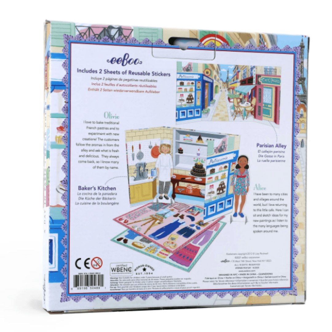 An eeBoo dollhouse box featuring an imaginative play set with electrostatic vinyl stickers that can be used as eeBoo paper doll sets.