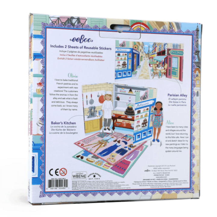 An eeBoo dollhouse box featuring an imaginative play set with electrostatic vinyl stickers that can be used as eeBoo paper doll sets.
