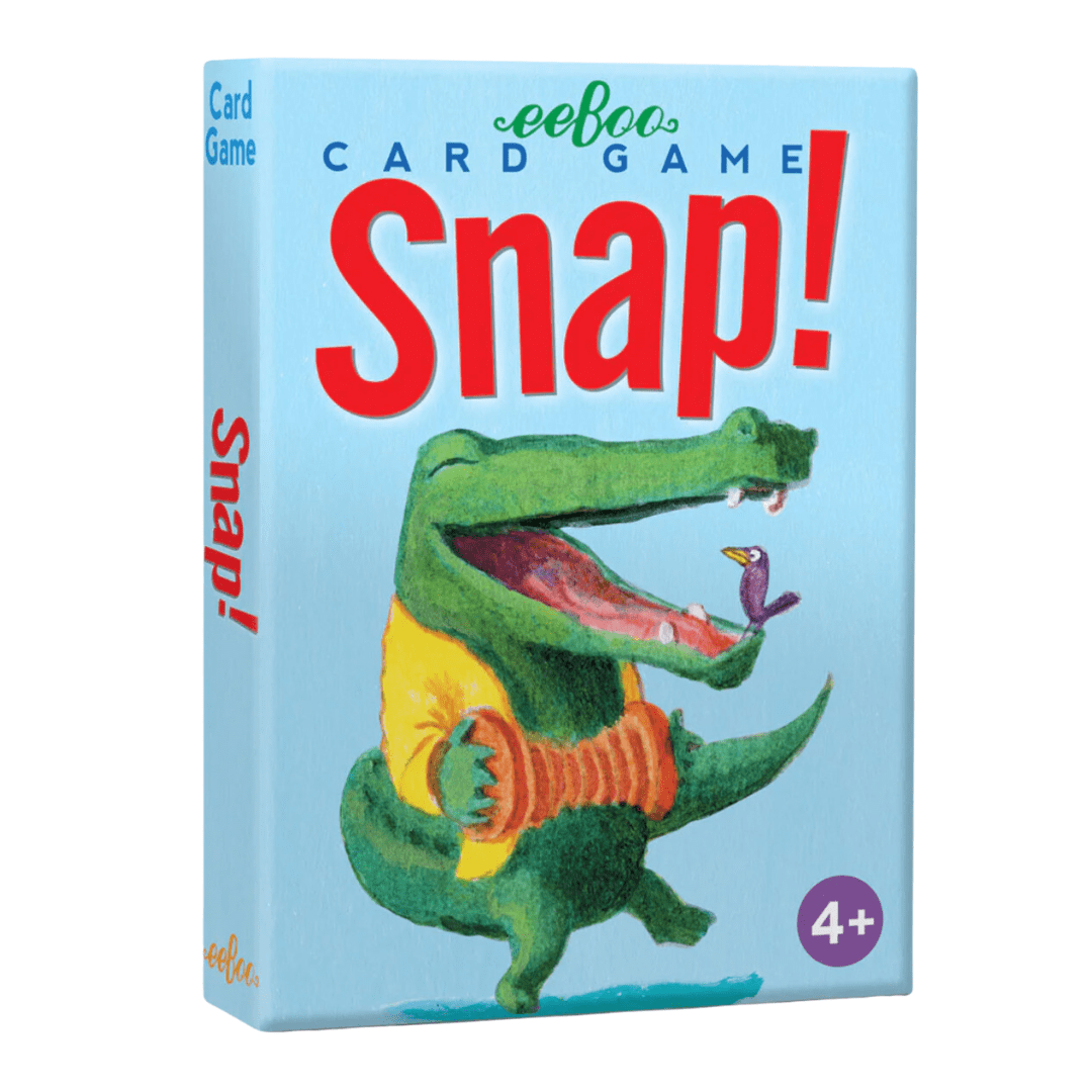 A screen-free relaxation card game extravaganza called eeBoo Snap Playing Cards featuring a crocodile on it, produced by eeBoo.