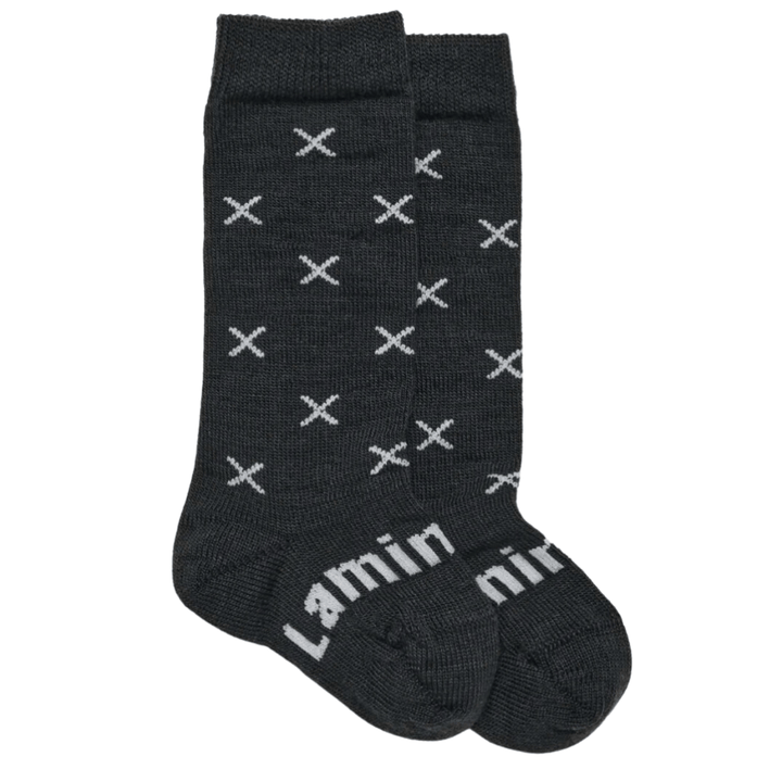 Rocky (Charcoal with Natural Crosses) / Newborn-3 Months NEW 2023 Lamington Merino Wool Knee-High Socks (Multiple Patterns) - Naked Baby Eco Boutique