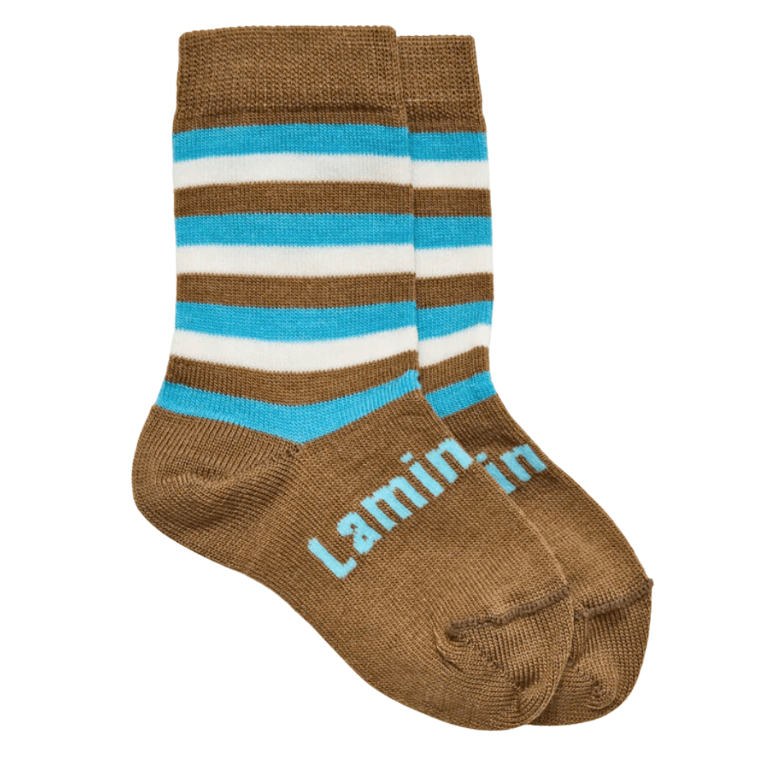 George (Nutmeg/Natural/Blue Stripes) / Newborn-3 Months NEW 2023 Lamington Merino Wool Crew Socks (Multiple Patterns) - Naked Baby Eco Boutique
