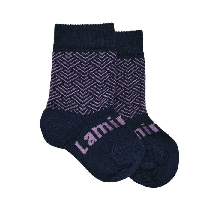Quinn (Navy/Lilac Pattern) / Newborn-3 Months NEW 2023 Lamington Merino Wool Crew Socks (Multiple Patterns) - Naked Baby Eco Boutique