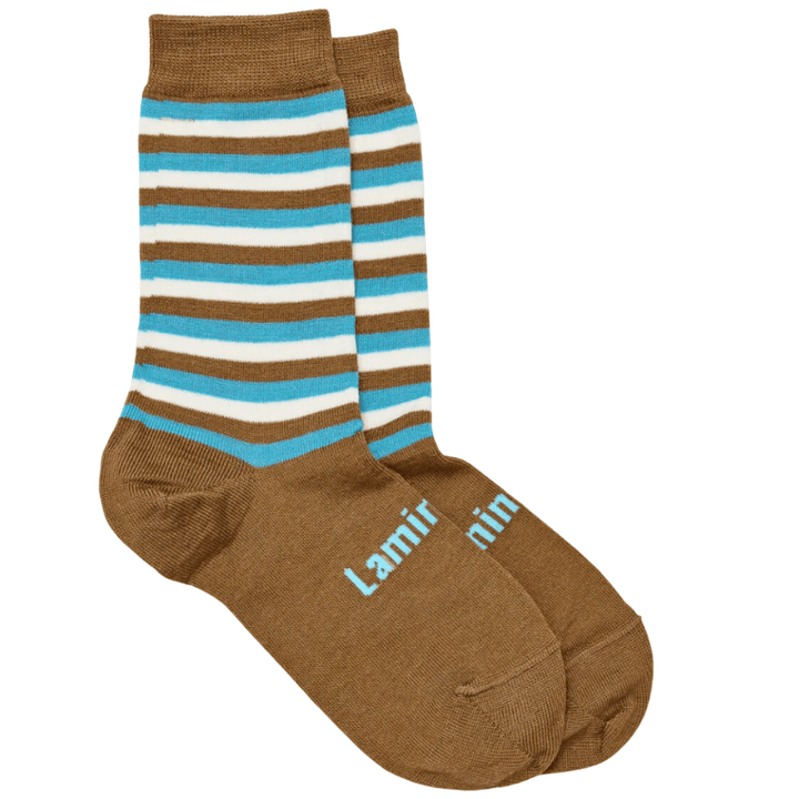 George (Nutmeg/Natural/Blue Stripes) / 2-4 Years NEW 2023 Lamington Merino Wool Crew Socks (Multiple Patterns) - Naked Baby Eco Boutique