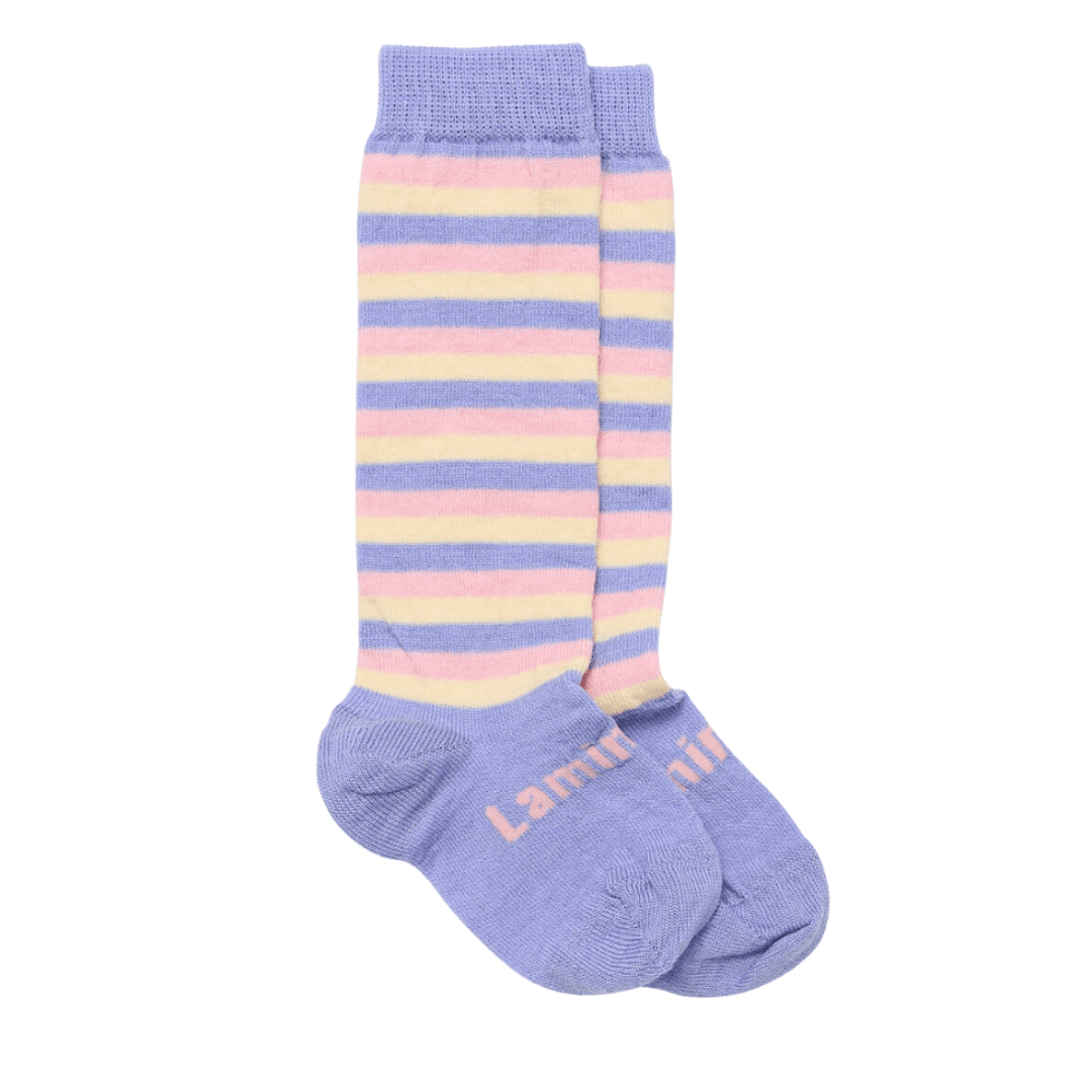 Maypole (Cornflower/Cream/Pink Stripes) / Newborn-3 Months NEW 2023 Lamington Merino Wool Knee-High Socks (Multiple Patterns) - Naked Baby Eco Boutique