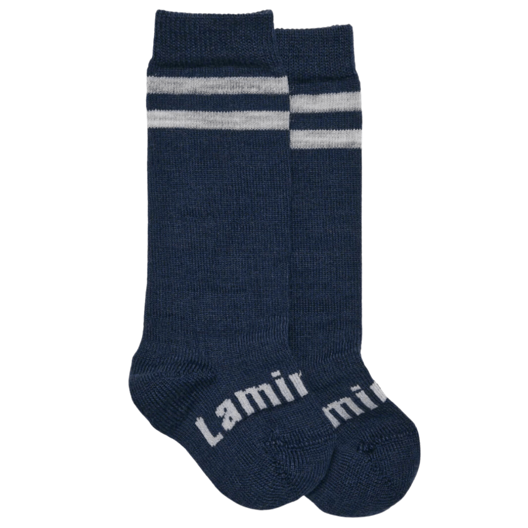 Tasman (Navy with Grey Stripes) / Newborn-3 Months NEW 2023 Lamington Merino Wool Knee-High Socks (Multiple Patterns) - Naked Baby Eco Boutique