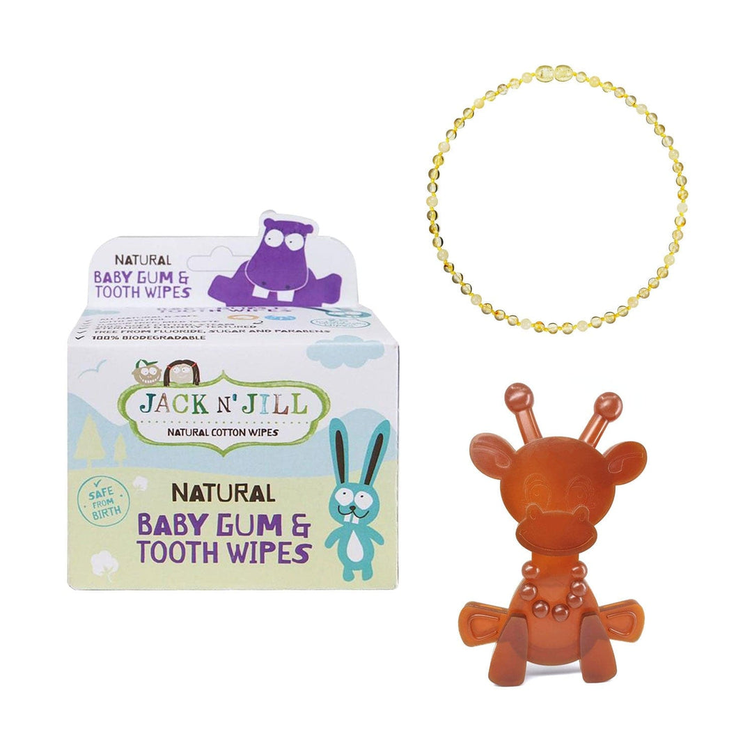 A giraffe and a box of Bambeado Amber Teething Necklace Pack.