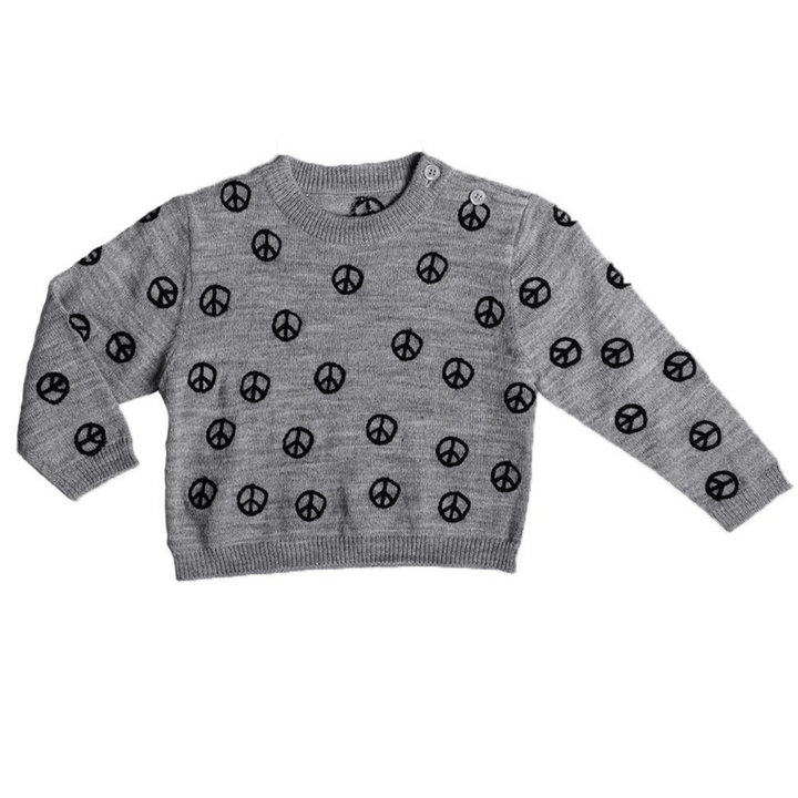 Anarkid gray wool sweater with peace symbol pattern on a white background.
