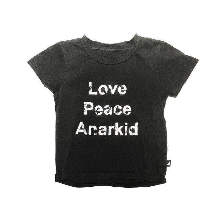 An Anarkid Organic Cotton Acid Wash T-Shirt that says love peace arkkid.