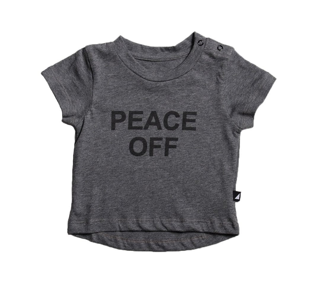 Anarkid organic cotton grey baby drop back t-shirt with "peace off" printed on the front.