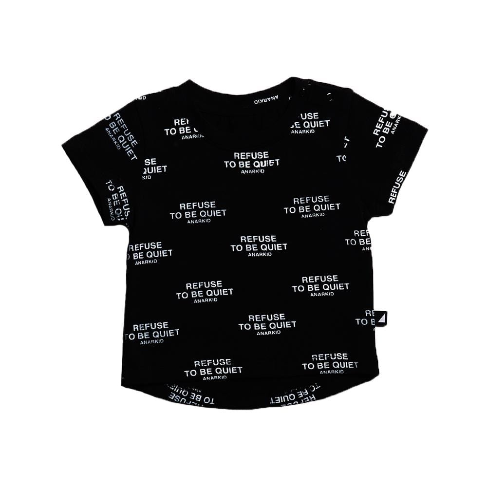 A black Anarkid organic cotton t-shirt with "refuse to be quiet" text pattern printed all over it.
