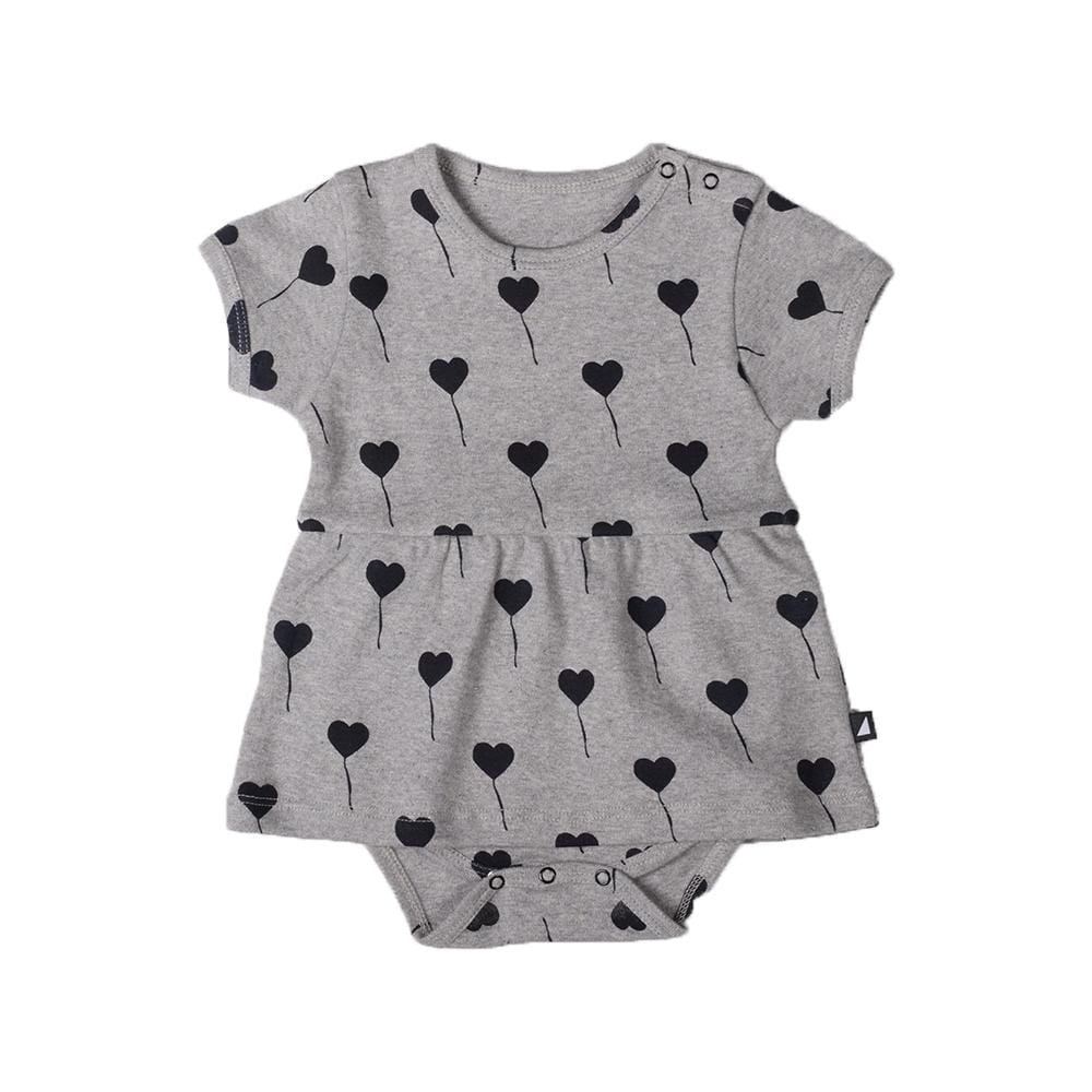 Anarkid LUCKY LAST Organic Cotton Frill Onesie - A grey baby bodysuit adorned with black hearts, made from organic materials.