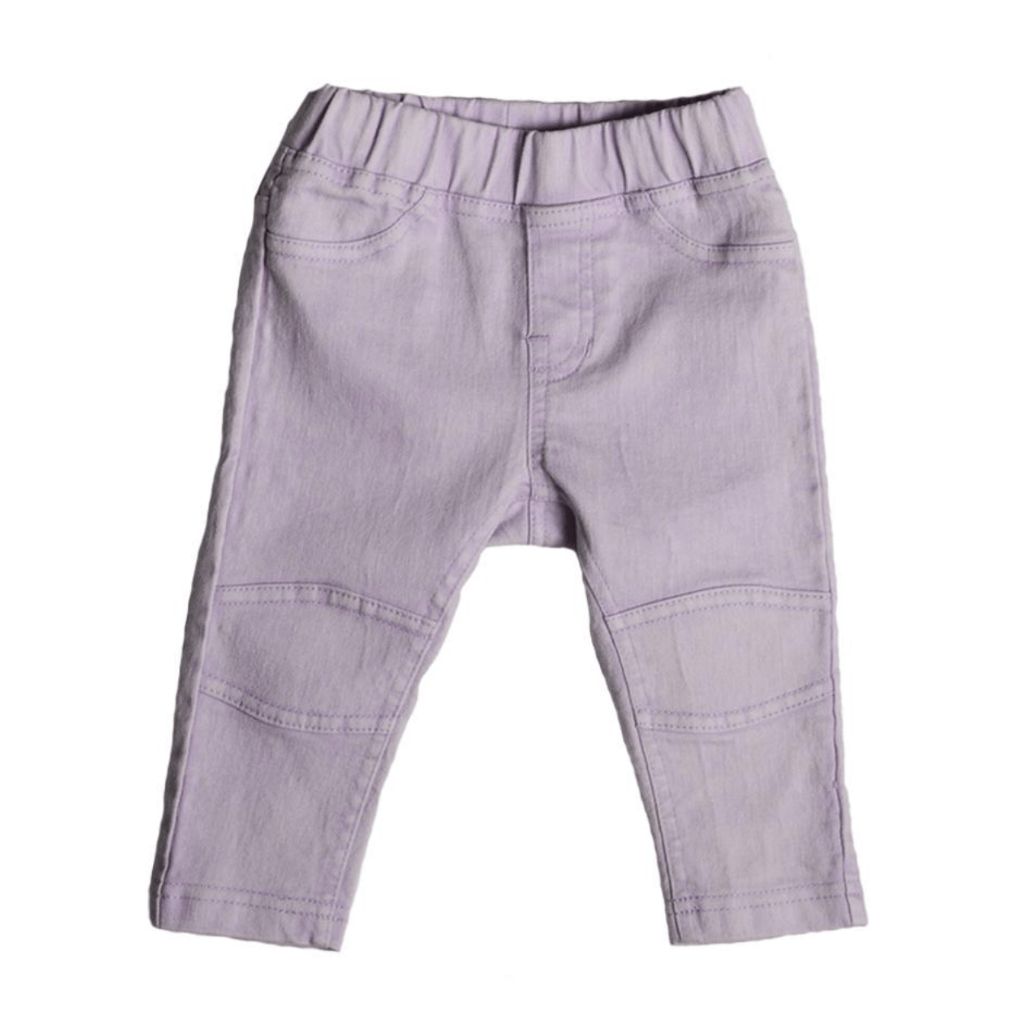 Anarkid Organic Cotton Jeggings - LUCKY LASTS - 3-6 MONTHS & 6-12 MONTHS ONLY - A baby's purple pants with zippers and pockets, available as an outlet item.