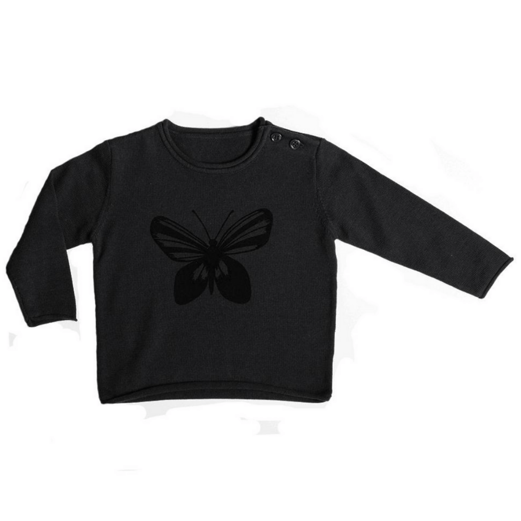 Anarkid black long-sleeve toddler shirt with cozy butterfly design, made from organic cotton.