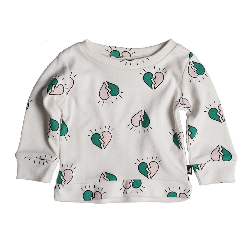 An Anarkid Organic Cotton Multi Heart Breaker Sweater adorned with green and pink hearts.