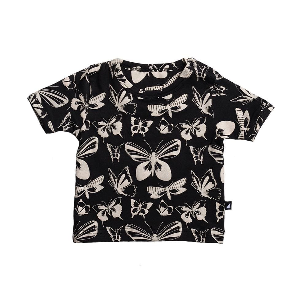 Anarkid Black Organic Cotton Short-Sleeve T-Shirt with white butterfly all-over prints design, isolated on white background.