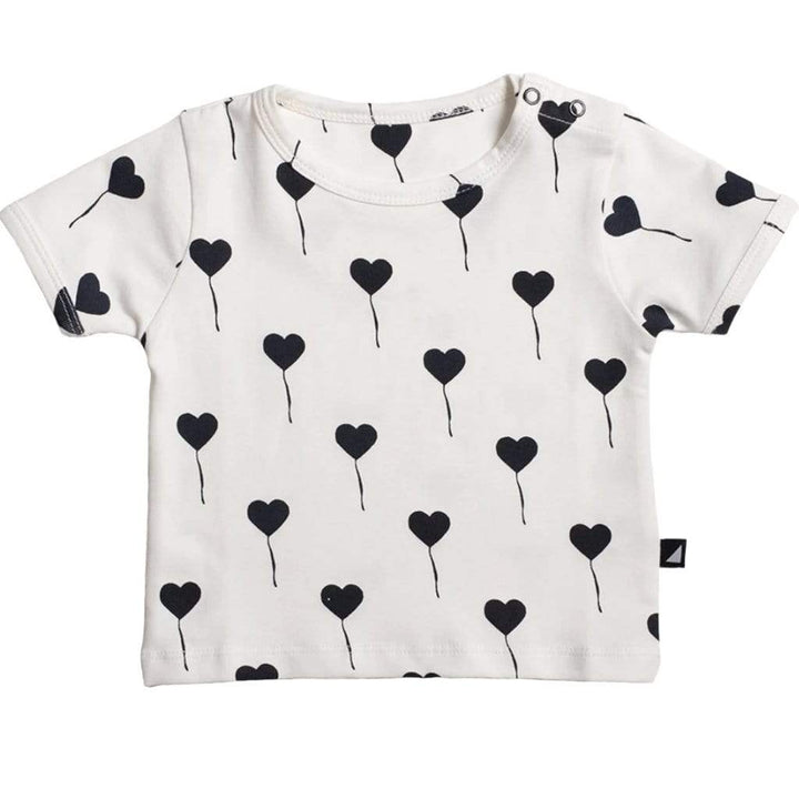 Anarkid Organic Cotton Short-Sleeve T-Shirt - LUCKY LASTS - 0-3 MONTHS & 3-6 MONTHS ONLY with a black heart-shaped balloon all-over print.